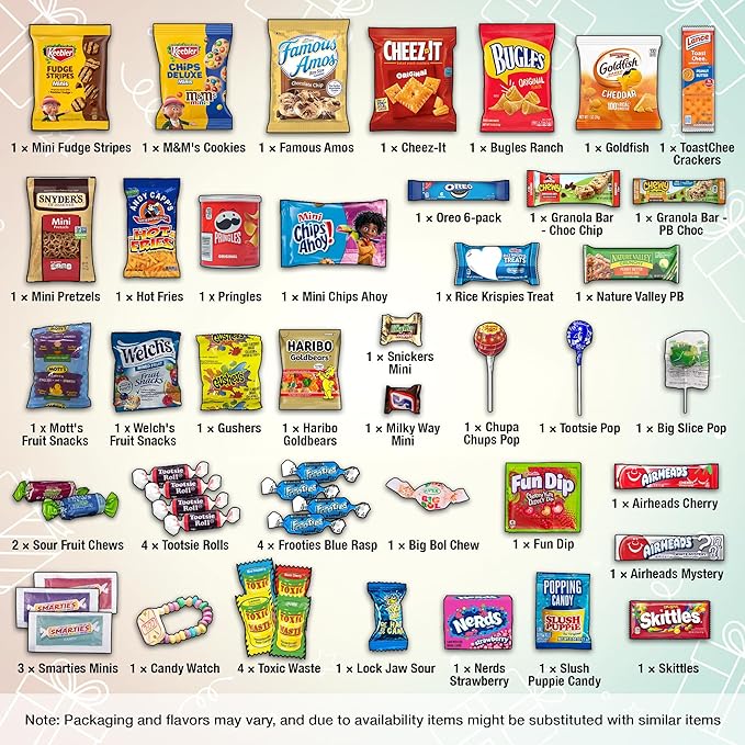 Snacks Gift Box Variety Pack Care Package (50 Count) - Assorted Individual Snacks Gift Basket - Cookies & Chips for Adults, Kids, College Students - Birthday, School, Office, & Travel Sampler