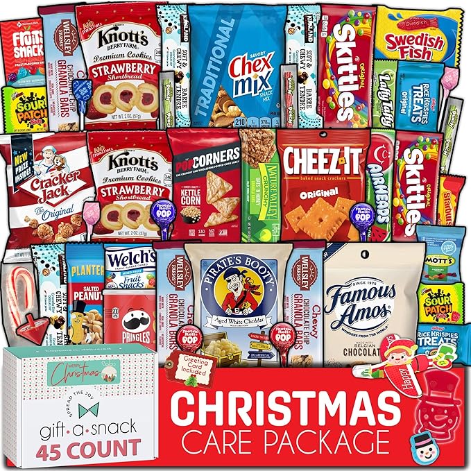 Gift A Snack - Christmas Candy Stocking Stuffers, Pre-filled Holiday Snack Box Care Package + Greeting Card (45 Count) Sweet Treats Gift Basket, Candies Chips Office Food Assortments