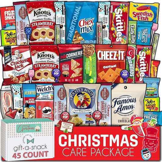 Gift A Snack - Christmas Candy Stocking Stuffers, Pre-filled Holiday Snack Box Care Package + Greeting Card (45 Count) Sweet Treats Gift Basket, Candies Chips Office Food Assortments
