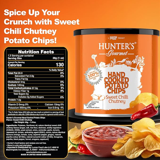 Hunter's Gourmet Hand-Cut Chips | Made with 100% Sunflower Oil | No Artificial Colors & Preservatives | MSG-Free | Sweet Chilli Chutney | Vegetarian Potato Chips | Gourmet Snacks | Pack of 8 | 40g