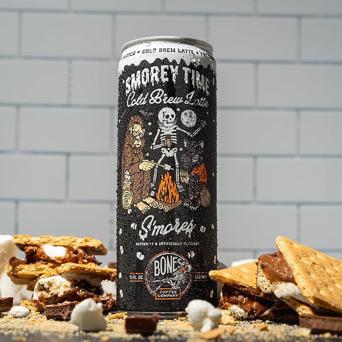 Bones Coffee Company S'morey Time Latte S'mores Flavored Coffee, Medium Roast Ready To Drink Iced Coffee in Can, 11 Fl Oz Can (12 Pack)