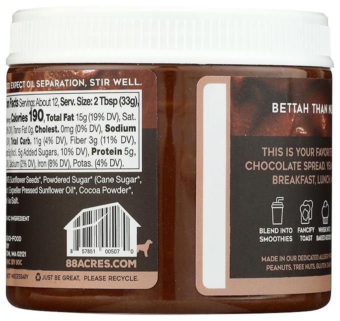 88 Acres, Dark Chocolate Sunflower Seed Butter Jar, 14 Ounce