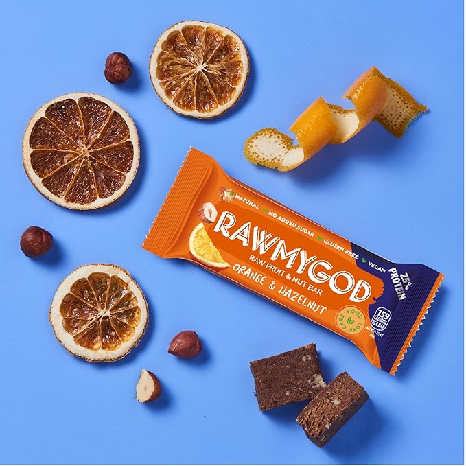 RAWMYGOD Fruit and Nut Bars, Gluten Free, Vegan, No Added Sugar (16 bars, Protein Pack - 4 Orange & Hazelnut, 4 Fruit & Nut, 4 Chia & Choco, 4 Peanut & Cacao)