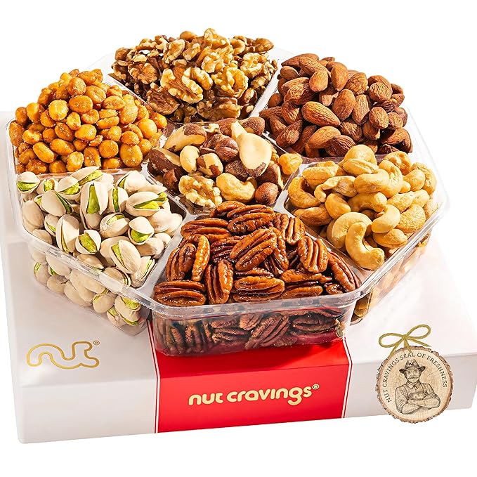 NUT CRAVINGS - Valentines Day Mixed Nuts Gift Basket in Red Gold Box (7 Assortments, 2 LB) Treats for Adults, Food Arrangement, Healthy Snack Care Package, Kosher