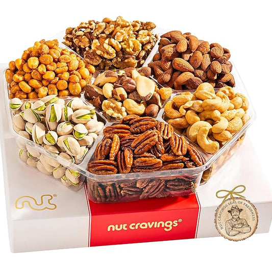NUT CRAVINGS - Valentines Day Mixed Nuts Gift Basket in Red Gold Box (7 Assortments, 2 LB) Treats for Adults, Food Arrangement, Healthy Snack Care Package, Kosher