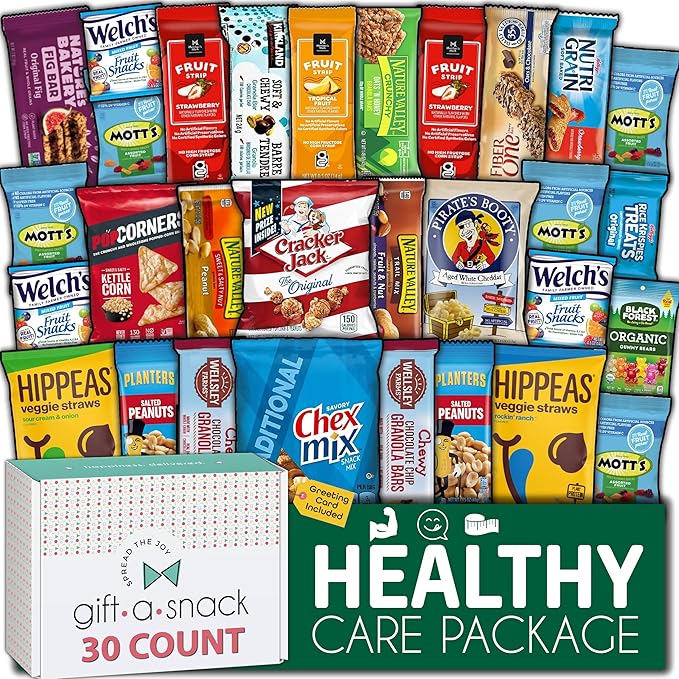 Gift A Snack - Valentines Day Healthy Snack Box Care Package + Greeting Card (30 Count) Birthday Treats Gift Basket, Nutritious Granola Breakfast Bars Office Food Assortments & Variety Gifts