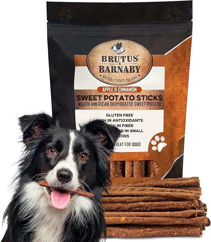 BRUTUS & BARNABY USA Sweet Potato Dog Treats - Crunchy Grain Free Cinnamon Apple Sticks, Promotes Positive Gut Health with Natural Anti-Diarrhea Properties (Cinnamon & Apple, 8 oz)