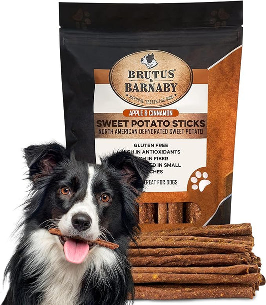 BRUTUS & BARNABY USA Sweet Potato Dog Treats - Crunchy Grain Free Cinnamon Apple Sticks, Promotes Positive Gut Health with Natural Anti-Diarrhea Properties (Cinnamon & Apple, 12 oz)