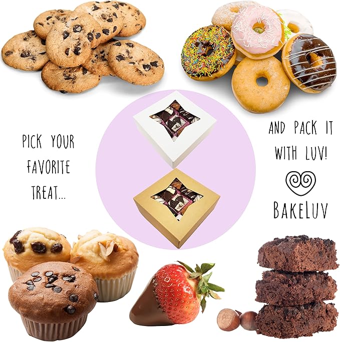 BAKELUV 50 pcs Brown Bakery Boxes with Window 6x6x2.5 Inches Cookie Boxes, Pastry, Treats, Dessert, Small Cake, Brownie, Cupcakes, Chocolate Covered Strawberries | Auto-Popup |