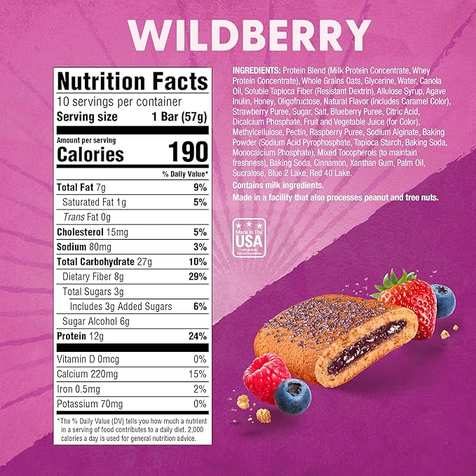 Pure Protein Wildberry Soft Baked Protein Bars – 12g Protein, 8g Fiber, Whole Grain Breakfast Bars, High Fiber, Individually Wrapped Protein Snacks for On-the-Go – 10 Count