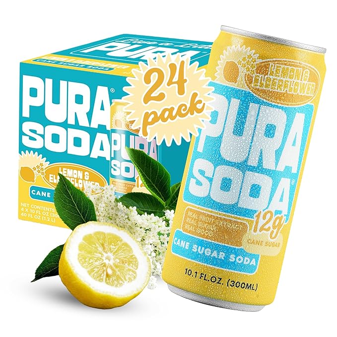 PuraSoda® Lemon & Elderflower | Low-Calorie, Cane Sugar Soda Beverage | Non-GMO, Vegan | Made with Pure Cane Sugar, Clean & Refreshing | 10.1 fl oz (300ml) Cans, Pack of 24