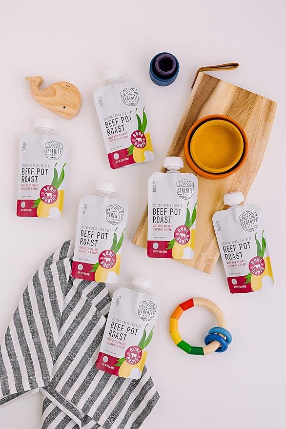 Serenity Kids Beef Bone Broth Puree with Organic Veggies - Protein-Rich, BPA-Free & Grass Fed Beef Pot Roast Pouch Baby Food - Clean Label Project Purity Award Certified - 3.5 Oz, 6 Pack