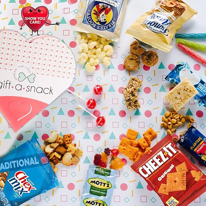 Gift A Snack - Valentines Day Heart Shape Snack Box Variety Pack Care Package + Greeting Card (40 Count) Birthday Sweet Treats Gift Basket, Candies Chips - Office Food Assortments