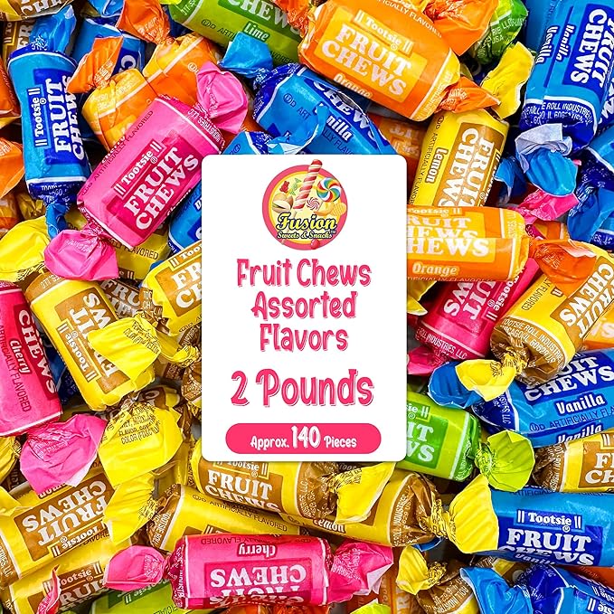 Fruit Chews Candy - 2 Pounds Bulk Bag (Approx. 140 Pieces), Fruit Chews Rolls, 5 Assorted Flavors, Soft & Fruity Taffy Candy, Individually Wrapped Gluten Free Treats, Holiday Candy