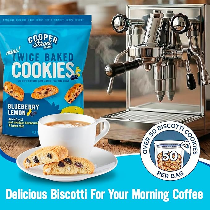 Cooper Street Twice-Baked Blueberry Lemon Biscotti Cookies (16 oz) – Over 50 Biscotti per Bag Loaded with Real Fruit, Italian Style Snacks Ideal with Coffee or Tea - Dairy, Peanut & Soy Free, Kosher