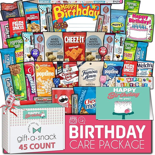 Gift A Snack - Happy Birthday Snack Box Variety Pack Care Package + Greeting Card (45 Count) Bday Sweet Treats Gift Basket, Candies Chips Crackers Bars - Office Food Assortments