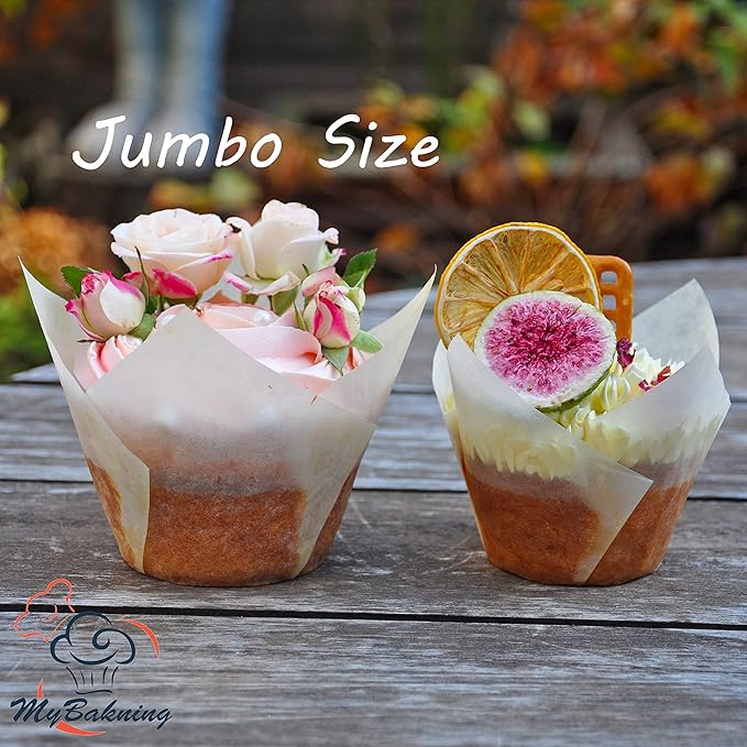 MyBakning Jumbo Extra Large size White Tulip Baking Cups 2-1/4"(Base diameter) x 3-3/4"(Wall height) Greaseproof paper baking cupcake Muffin liners, Case of 130 pcs