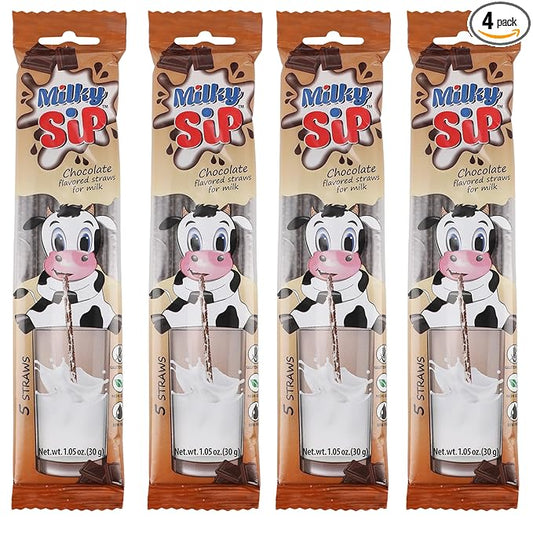 20 Milky Sip Chocolate Flavored Straws For Milk - 4 Packs of Milk Flavoring Straws, 5 Straws in Each. Magical Chocolate Flavor Makes Children Eager, Want and Love to Drink Milk