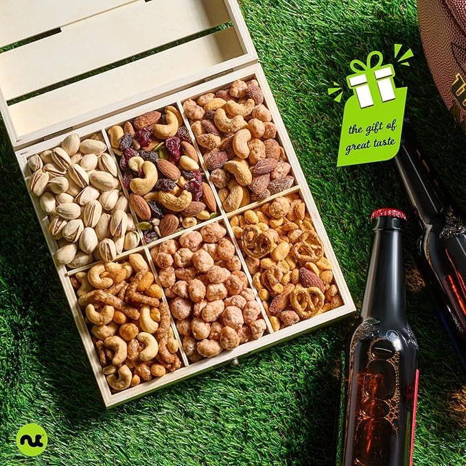 NUT CRAVINGS - Valentines Day Mixed Nuts Gift Basket in Reusable Wooden Crate (12 Assortments) Treats for Adults, Food Arrangement, Healthy Snack Care Package, Kosher