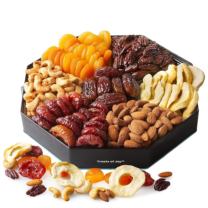 Oh! Nuts 7 Section Dried Fruits and Nuts Gift Basket - Gourmet Assorted Fruit & Nut Gifts Baskets - Healthy Food Hexagon Metal Tin Box - Festive Gifts for Holiday, Birthday, Corporate Women & Men