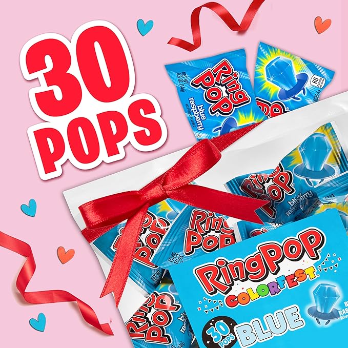 Ring Pop Blue Candy, 30 Ct Individually Wrapped Bulk Lollipop Pack, Blue Raspberry Flavored Lollipop Suckers for Kids, Fun Candy Bulk for Valentine's Gifts, Goodie Bags, Party Favors