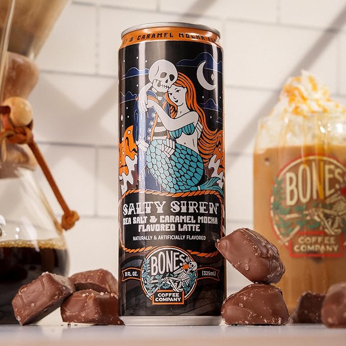 Bones Coffee Company Salty Siren Latte Flavored Coffee, Medium Roast Ready To Drink Iced Coffee in Can, 11 Fl Oz Can (4 Pack)