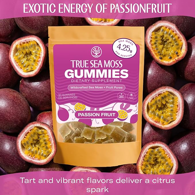 True Sea Moss Gummies – High Potency 4250mg Wildcrafted Irish Sea Moss Gel Extract per Serving + Passion Fruit Flavor – With Coconut Sugar & Real Fruit Purée – 30 Gummies (30 Servings)