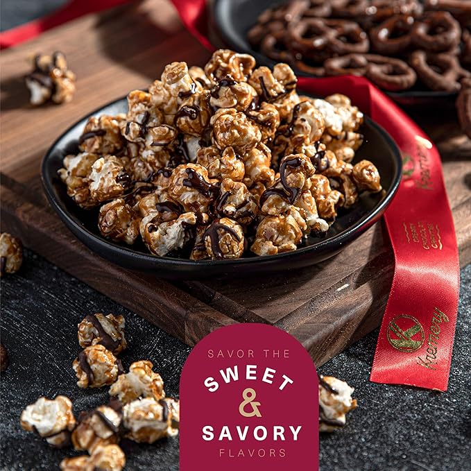 KREMERY Creamy Chocolate Cravings - Valentines Day Chocolate Covered Pretzels & Caramel Popcorn Gift Basket, in Seagrass Tray + Ribbon (Deluxe, 3.5 lbs) Sweet Treats Food Arrangement, Kosher