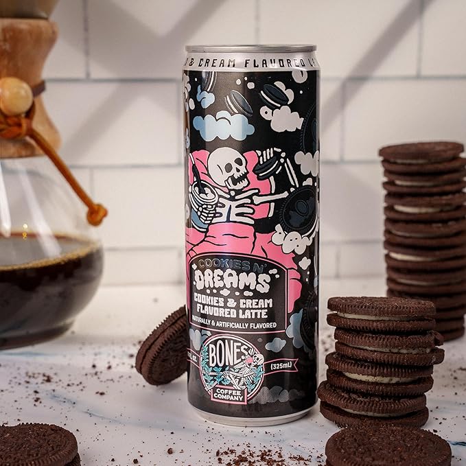 Bones Coffee Company Cookies N' Dreams Latte Flavored Coffee, Medium Roast Ready To Drink Iced Coffee in Can, 11 Fl Oz Can (4 Pack)