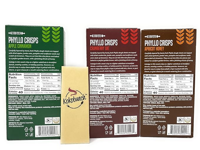 Phyllo Crisps Pastry Dough Sheets Crisp Snack Variety Bundle - Cranberry Oat Crisps Apricot Honey Apple Cinnamon with kokobunch kit by Nu Bake | 3 Pk - 2.8 oz