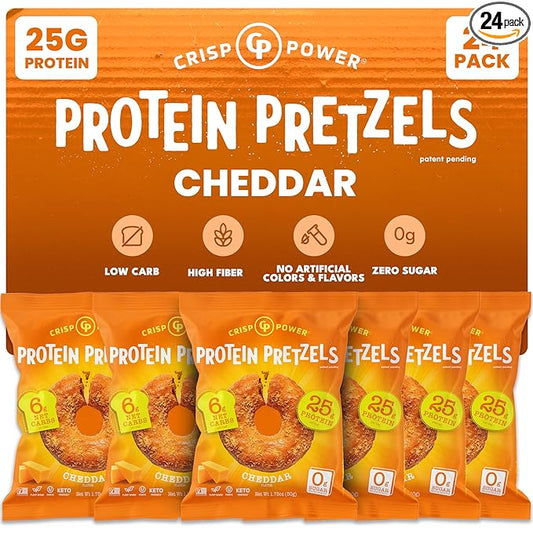 Crisp Power Protein Pretzels, NEW Cheddar, High Protein Snack, 25G Protein, Low Carb Crunchy Pretzel Snacks, No Added Sugar, 1.75 oz Bags, 24 Pack, Vegan, Plant-Based, Keto