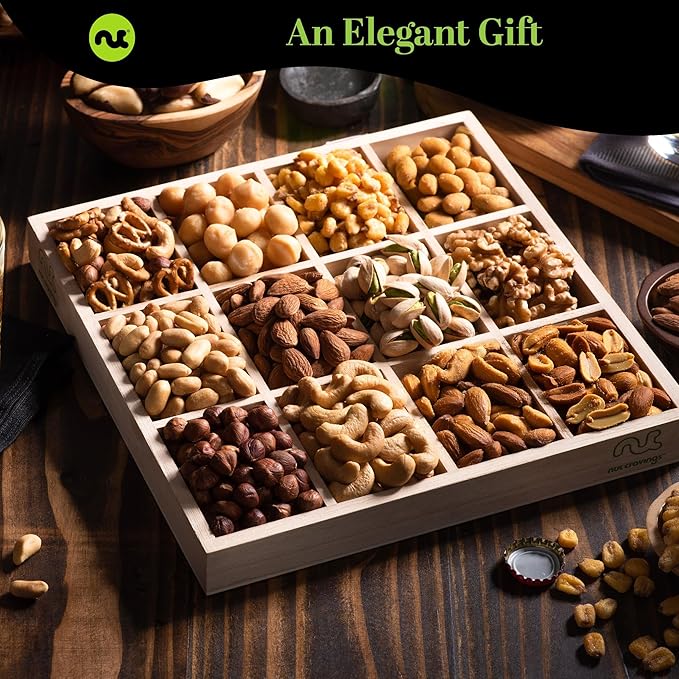 NUT CRAVINGS - Valentines Day Mixed Nuts Gift Basket in Reusable Wooden Tray + Heart Ribbon (12 Assortments) Treats for Adults, Food Arrangement, Healthy Snack Care Package, Kosher