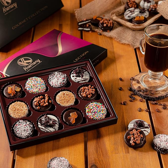 KREMERY Creamy Chocolate Cravings - Valentines Day Chocolate Covered Sandwich Cookies & Cream Gift Basket, in Elegant Gift Box (12 Cookies, Assorted Sweet Toppings) Sweet Treats, Kosher