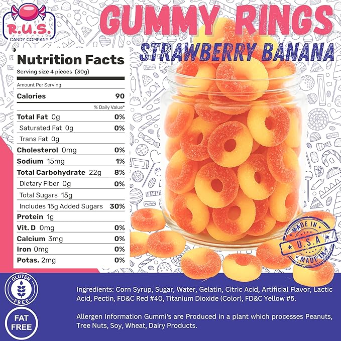 Strawberry Banana Ring Gummies 4.5 lbs Bulk Bag – 292 Approx Pcs Fruity Gummies – Fresh, Soft & Chewy – Party, Snack, Candy Buffet – by RUS Candy Company (Strawberry Banana)