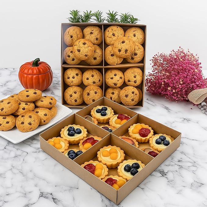 Gift Boxes with Clear Cover, Bakery Treat Boxes for Small Cakes, Cookies, Desserts, Donuts, Pastries, Gifts, and Party Favors – Durable & Elegant (10 Pieces Brown Kraft with Seperator, 8"x8"x1.2")