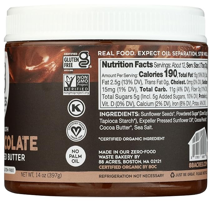 88 Acres, Dark Chocolate Sunflower Seed Butter Jar, 14 Ounce