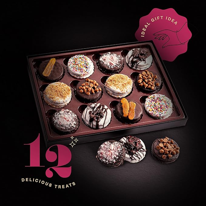 KREMERY Creamy Chocolate Cravings - Valentines Day Chocolate Covered Sandwich Cookies & Cream Gift Basket, in Elegant Gift Box (12 Cookies, Assorted Sweet Toppings) Sweet Treats, Kosher