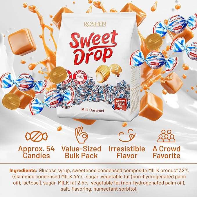 Roshen Sweet Drop Caramel Candy, Soft Caramel with Dairy Milky Filling, 13.33oz (378g), Approx. 54 Pieces, Individually Wrapped Creamy Caramel Candies, Kosher, Halal with No Artificial Dyes - Pack of 1