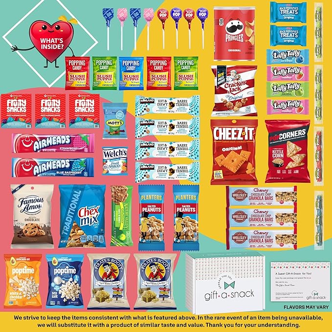 Gift A Snack - Valentines Day Snack Box Variety Pack Care Package + Greeting Card (50 Count) Birthday Sweet Treats Gift Basket, Candies Chips Crackers Bars Office Food Assortments & Variety Gifts