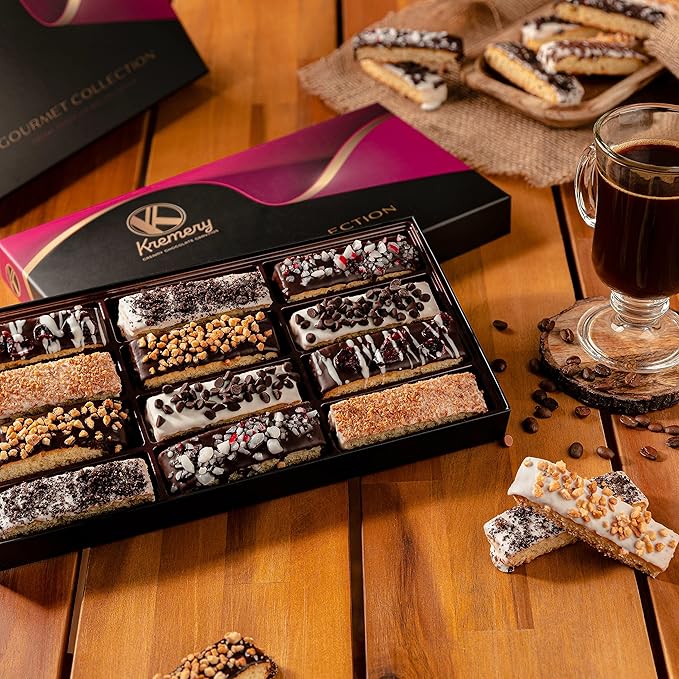 KREMERY Creamy Chocolate Cravings - Valentines Day Chocolate Covered Biscotti Cookies Gift Basket, in Elegant Gift Box (12 Biscotties, Assorted Sweet Toppings) Sweet Treats Food Arrangement, Kosher