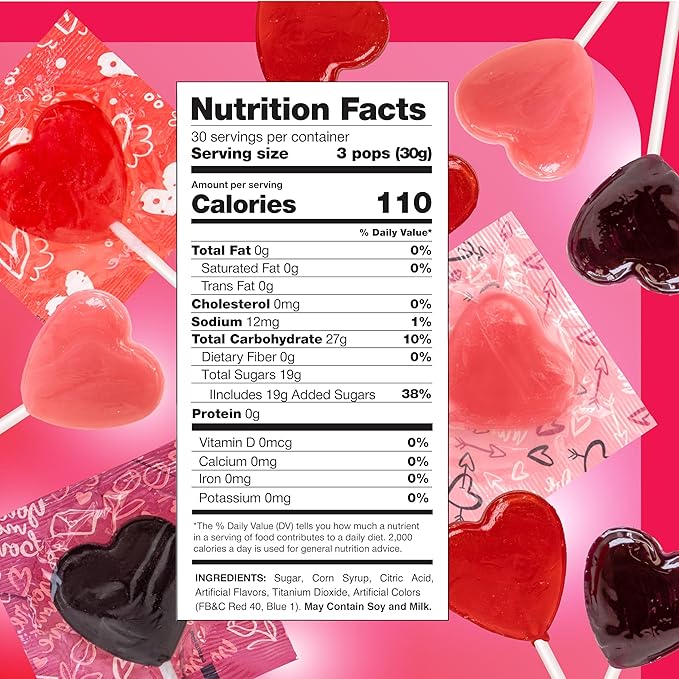 Heart Shaped Lollipops - 90 Count - 2 Pound Pack - Individually Wrapped Valentines Candy - Berry Flavors - Heart Candy for Classrooms, Buffets & Gifting