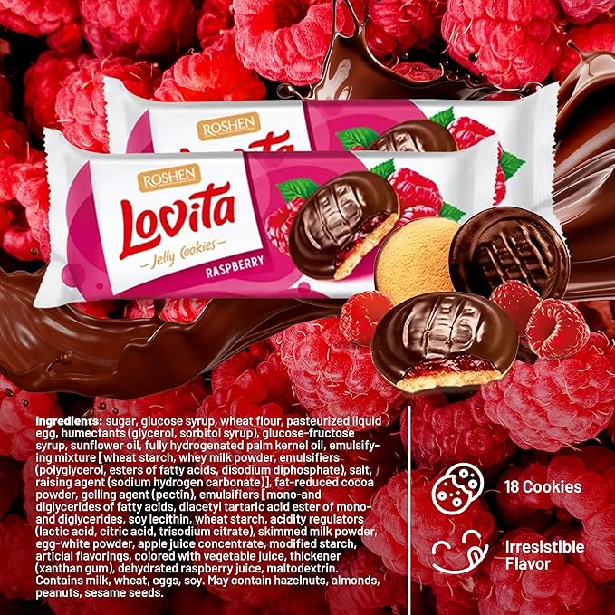 Roshen Lovita Cookies with Raspberry Jelly Filling, 4.76 oz, Golden Biscuit with Bright Raspberry Jelly & Smooth Chocolate Glaze, European Gourmet Cookies, Pack of 2