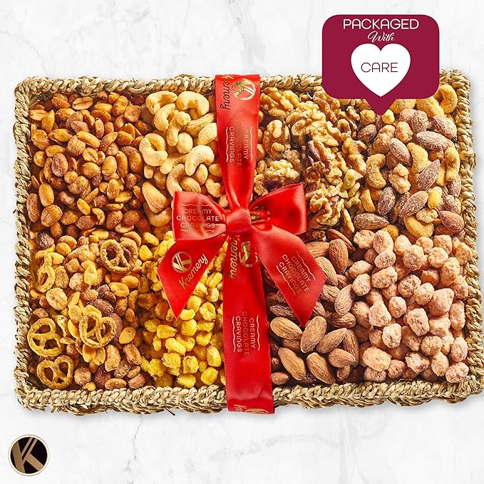 KREMERY Gourmet Nut Gift Basket - Valentines Day Mixed Nuts Gift Basket in Seagrass Tray with Ribbon (8 Assortments) Treats for Adults, Food Arrangement, Healthy Snack Care Package, Kosher