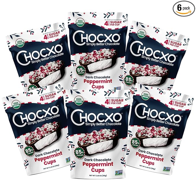 Chocxo Dark Chocolate Peppermint Cups - Lower Sugar Christmas Candy, 85% Organic Cacao, NonGMO, Keto, Gluten Free, Kosher. No Artificial Sweeteners/Sugar Alcohols, 3.45 oz (Pack of 6)