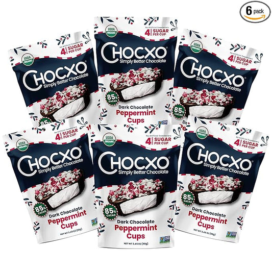 Chocxo Dark Chocolate Peppermint Cups - Lower Sugar Christmas Candy, 85% Organic Cacao, NonGMO, Keto, Gluten Free, Kosher. No Artificial Sweeteners/Sugar Alcohols, 3.45 oz (Pack of 6)