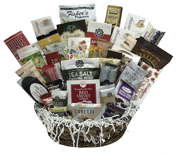 Hand-Crafted 38 Piece customizable chocolate gift basket of gourmet chocolates, cookies, and crunches. Tasty treats selected for businesses, clients, employees, birthdays, thank you and more!