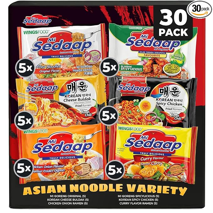 Mi Sedaap Asian Instant Noodle Variety [Pack of 30] - Includes Mi Goreng Original, Korean Spicy Chicken, Korean Cheese Buldak, Curry, Chicken Onion, Spicylicious Flavors
