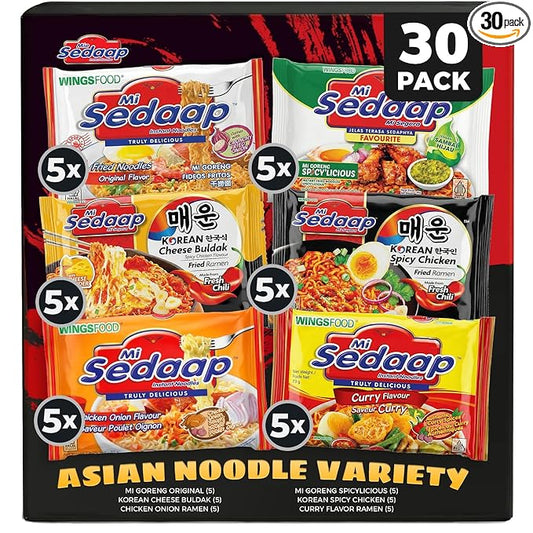 Mi Sedaap Asian Instant Noodle Variety [Pack of 30] - Includes Mi Goreng Original, Korean Spicy Chicken, Korean Cheese Buldak, Curry, Chicken Onion, Spicylicious Flavors