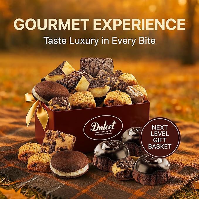 Dulcet Premium Gift Basket - Premium Assortment of Baked Goods - Valentines Gift Basket with Individually Wrapped Whoopie Pies, Brownies, Rugelah, and More - Personal Note Option Included.