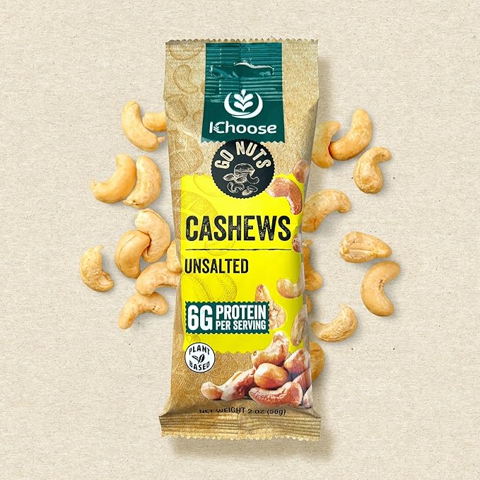 IChoose Go Nuts – Premium Cashews, High Protein Plant-Based Snack, 2 oz per Pack (5 Packs, Unsalted)